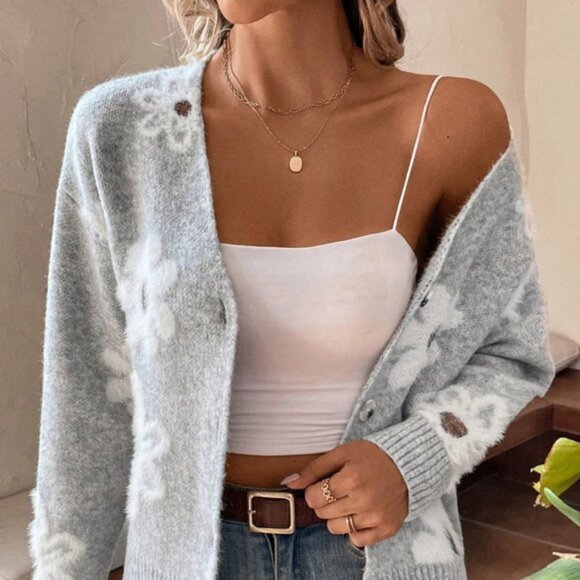 Grey Casual Womens Floral Pattern Drop Shoulder Cardigan - Picture 3 of 5